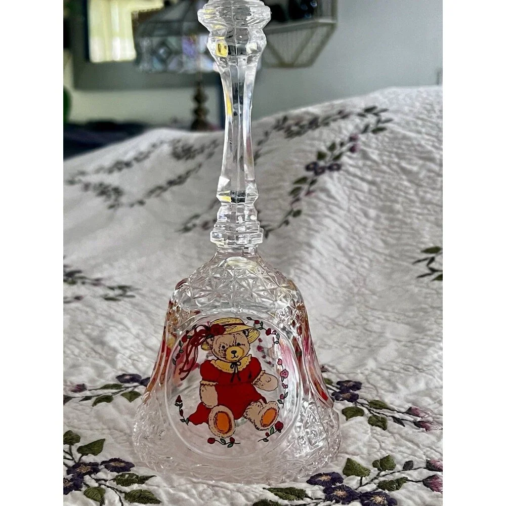 Vintage Large Nanco Lead Crystal Teddy Bear Bell 8” Cut Glass Cottagecore Decor